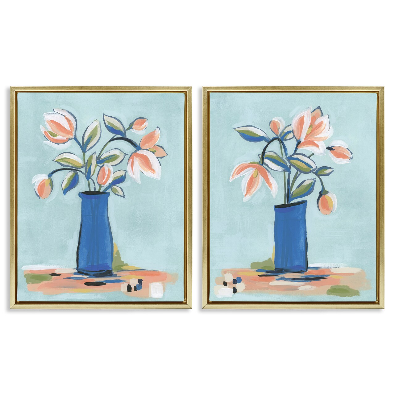 Stupell Industries Blue & Peach Flowers 2pc Floater Framed Canvas Wall Art Set Design by June Erica Vess